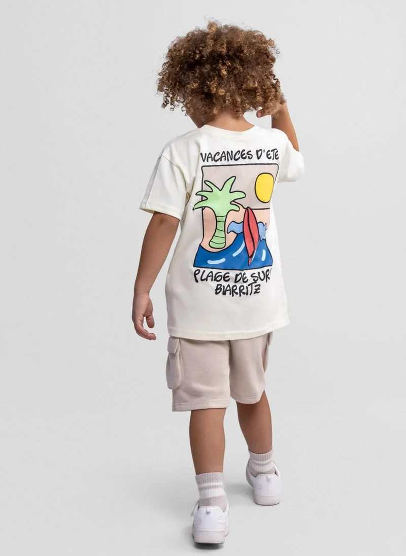 MINOTI Boys two-piece combat shorts and t-shirt white beige